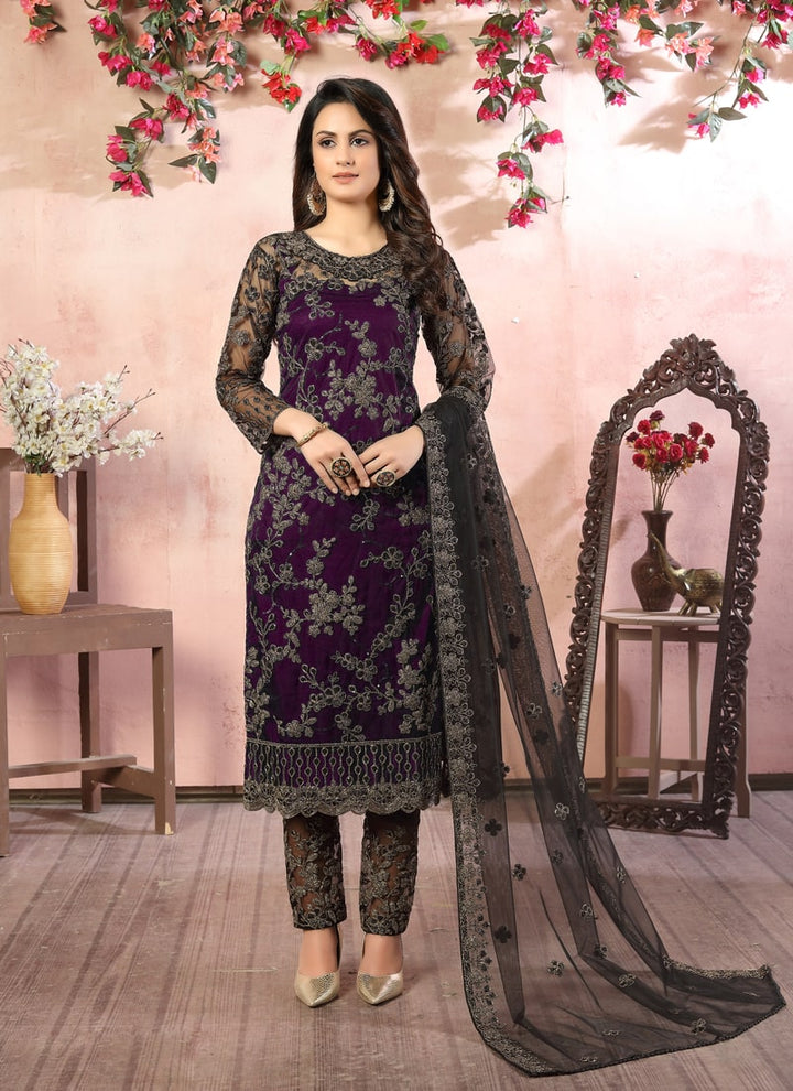 Lassya Fahion Purple Luxurious Layers Net And Santoon Plazzo Suit