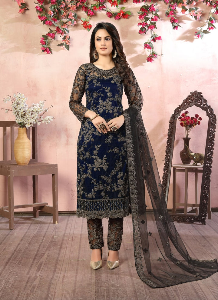 Lassya Fahion Navy Blue Luxurious Layers Net And Santoon Plazzo Suit