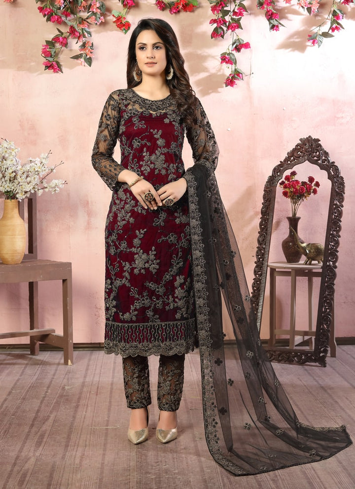 Lassya Fahion Brown Luxurious Layers Net And Santoon Plazzo Suit