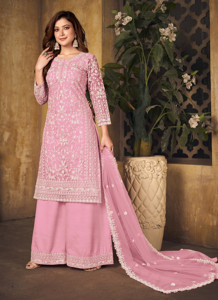 Lassya Fahion Light Pink Textured Beauty Designer Net and Santoon Palazzo Suit