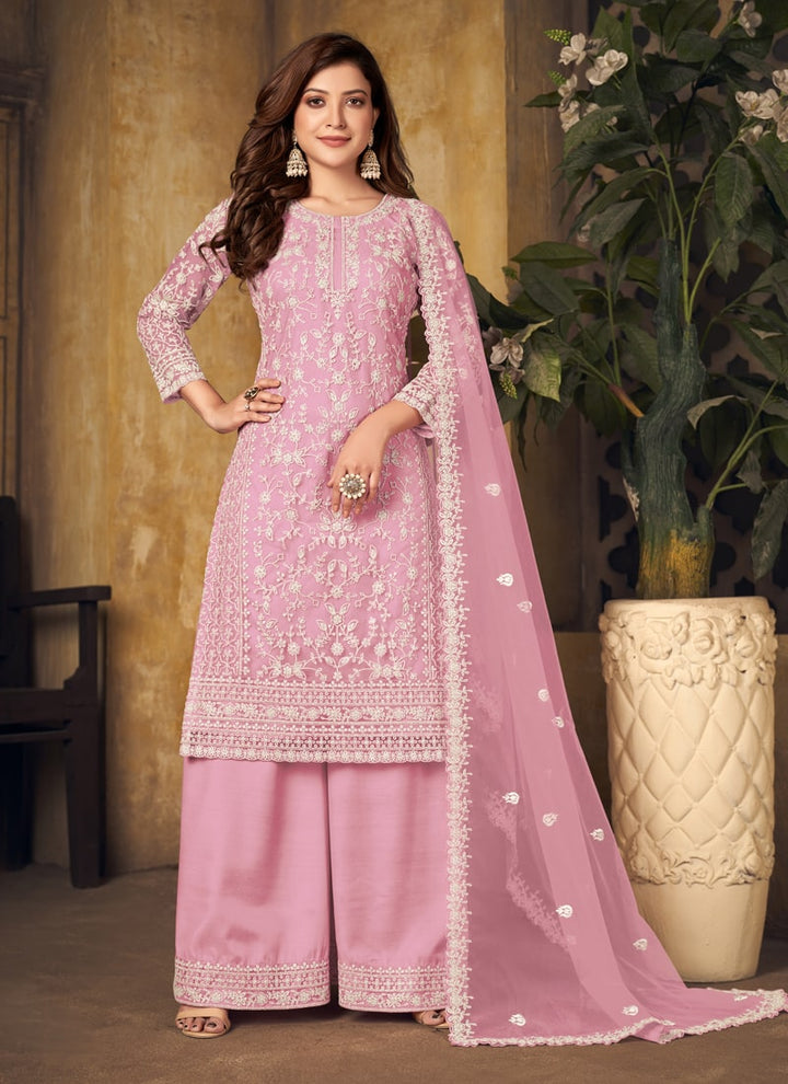 Lassya Fahion Light Pink Textured Beauty Designer Net and Santoon Palazzo Suit