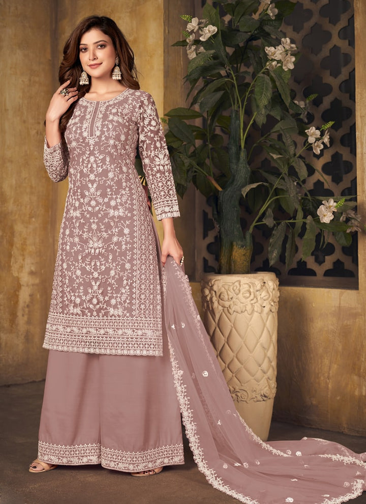 Lassya Fahion Mauve Textured Beauty Designer Net and Santoon Palazzo Suit