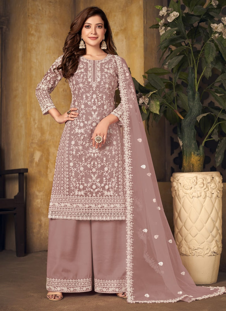 Lassya Fahion Mauve Textured Beauty Designer Net and Santoon Palazzo Suit