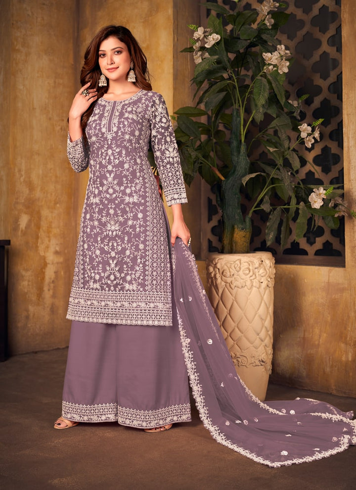 Lassya Fahion Lavender Textured Beauty Designer Net and Santoon Palazzo Suit