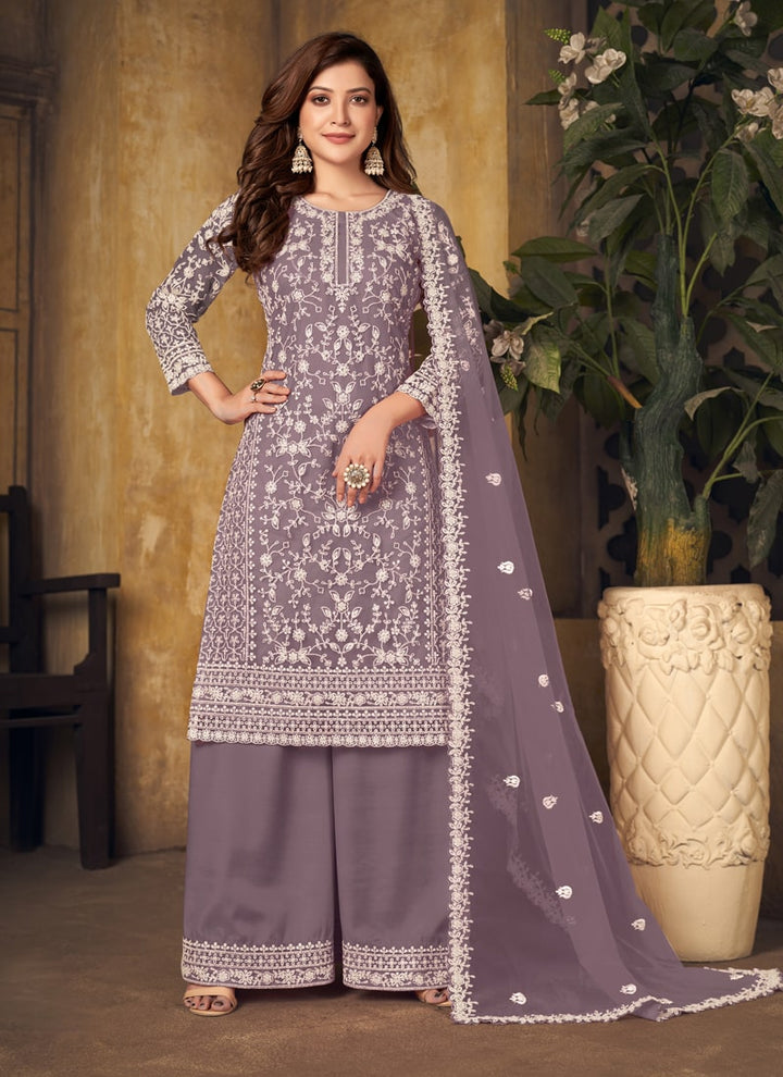 Lassya Fahion Lavender Textured Beauty Designer Net and Santoon Palazzo Suit