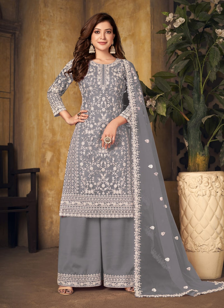 Lassya Fahion Grey Textured Beauty Designer Net and Santoon Palazzo Suit