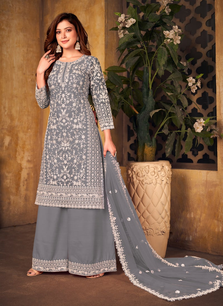 Lassya Fahion Grey Textured Beauty Designer Net and Santoon Palazzo Suit