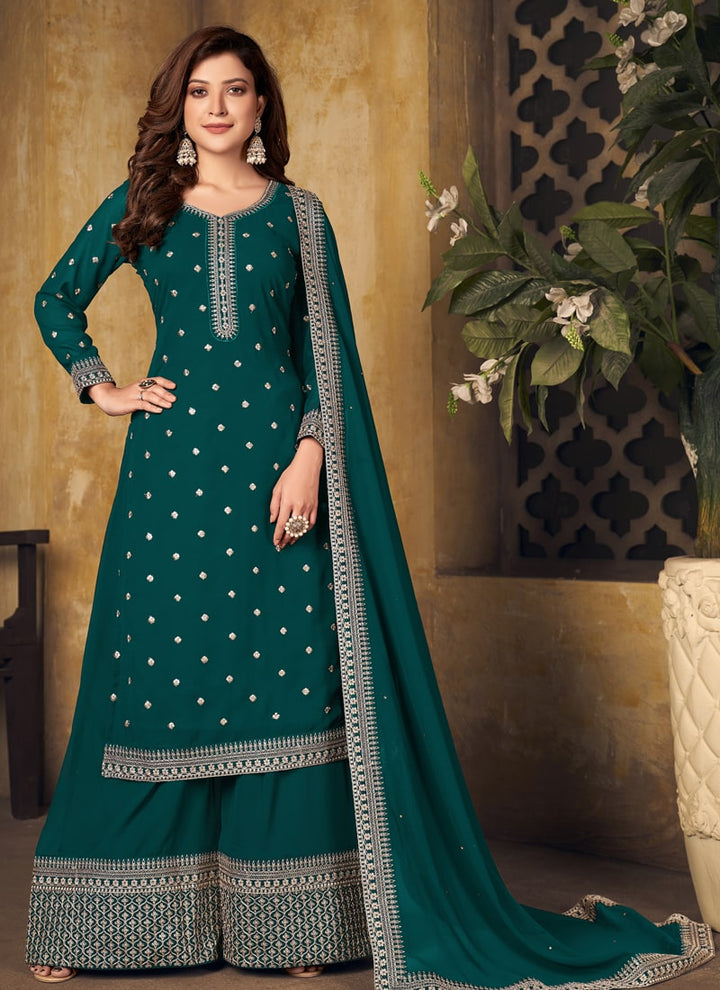 Lassya Fahion Bottle Green Effortless Elegant Georgette Palazzo Suit