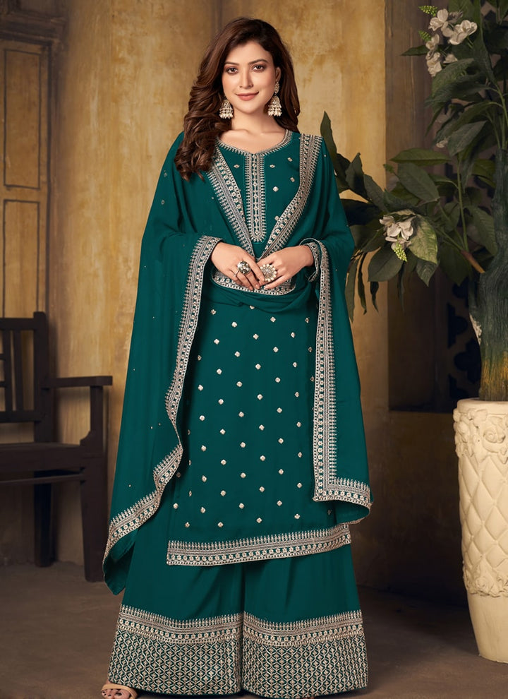 Lassya Fahion Bottle Green Effortless Elegant Georgette Palazzo Suit