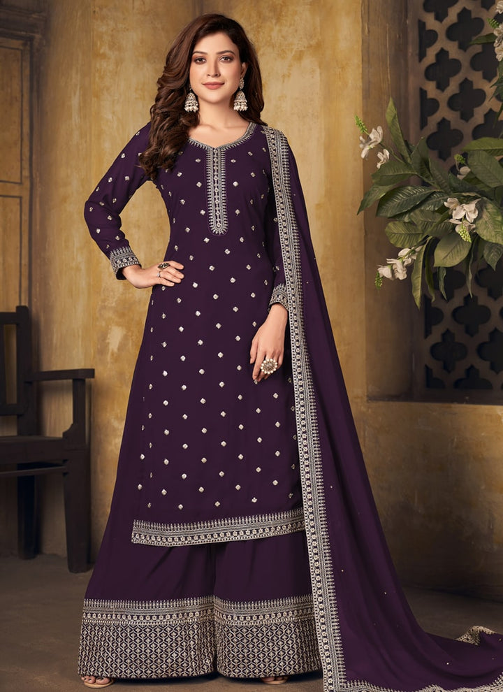 Lassya Fahion Dark Purple Effortless Elegant Georgette Palazzo Suit