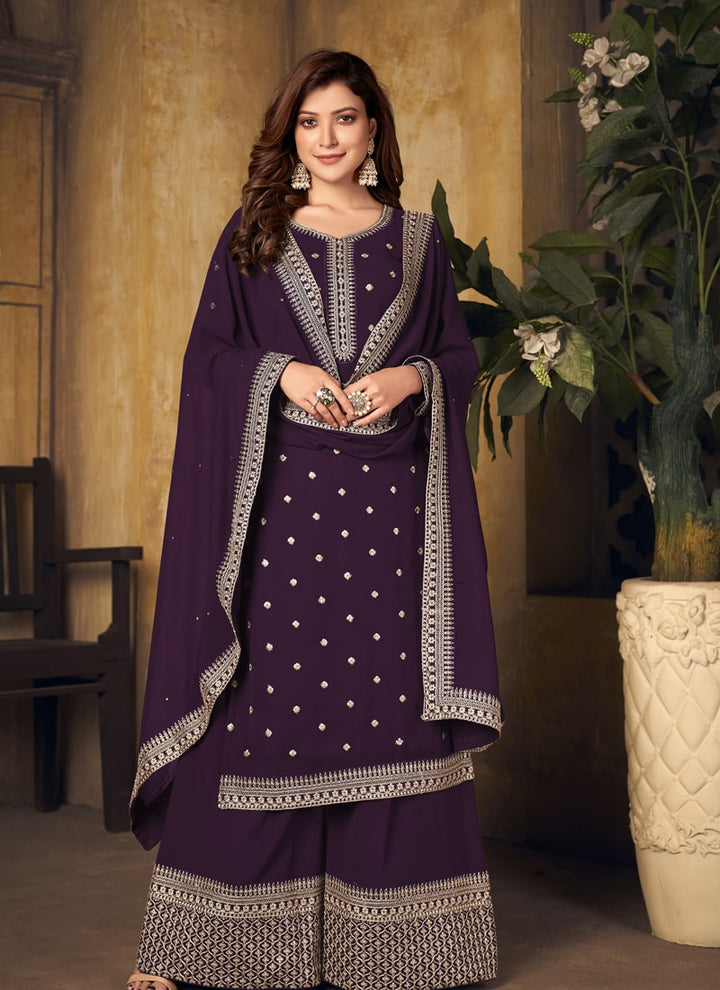 Lassya Fahion Dark Purple Effortless Elegant Georgette Palazzo Suit