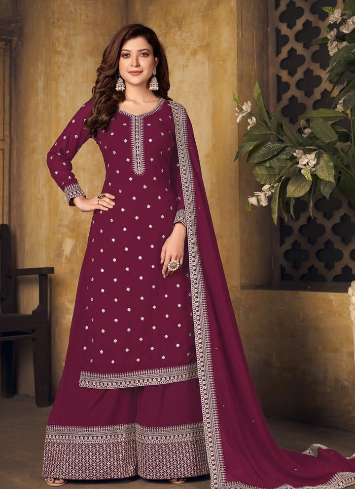 Lassya Fahion Maroon Effortless Elegant Georgette Palazzo Suit