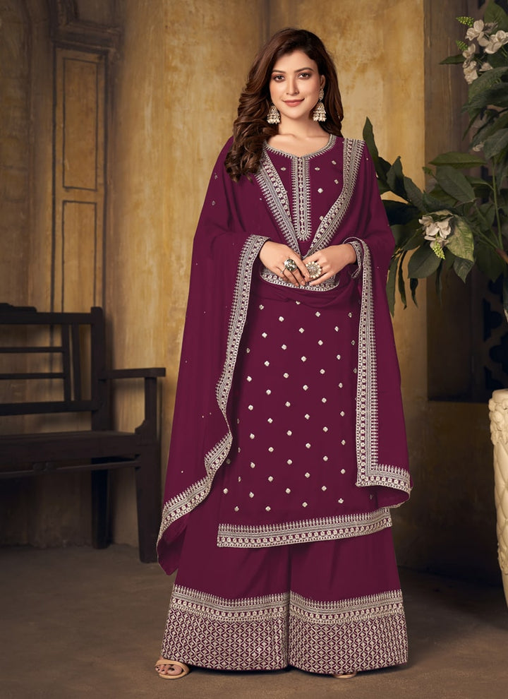 Lassya Fahion Maroon Effortless Elegant Georgette Palazzo Suit