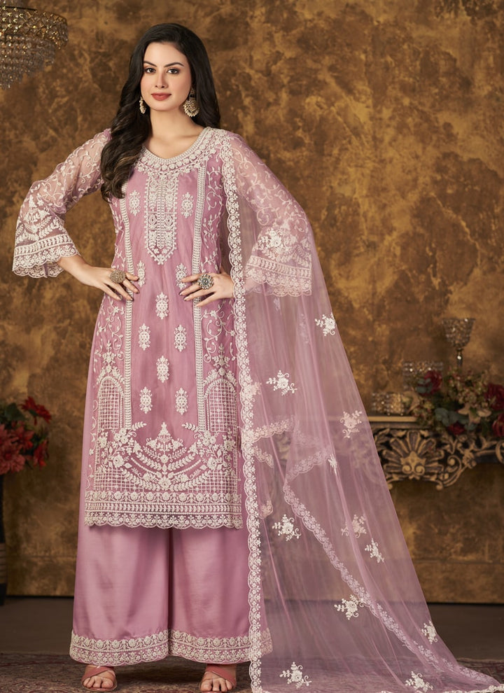 Lassya Fahion Pink Net And Santoon Palazzo Suit Chic Combo for Effortless Style