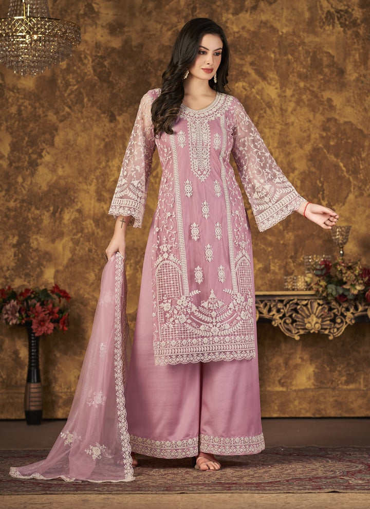 Lassya Fahion Pink Net And Santoon Palazzo Suit Chic Combo for Effortless Style