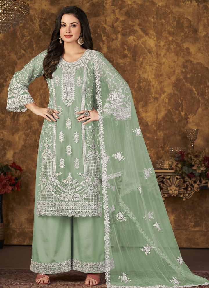 Lassya Fahion Pista Green Net And Santoon Palazzo Suit Chic Combo for Effortless Style