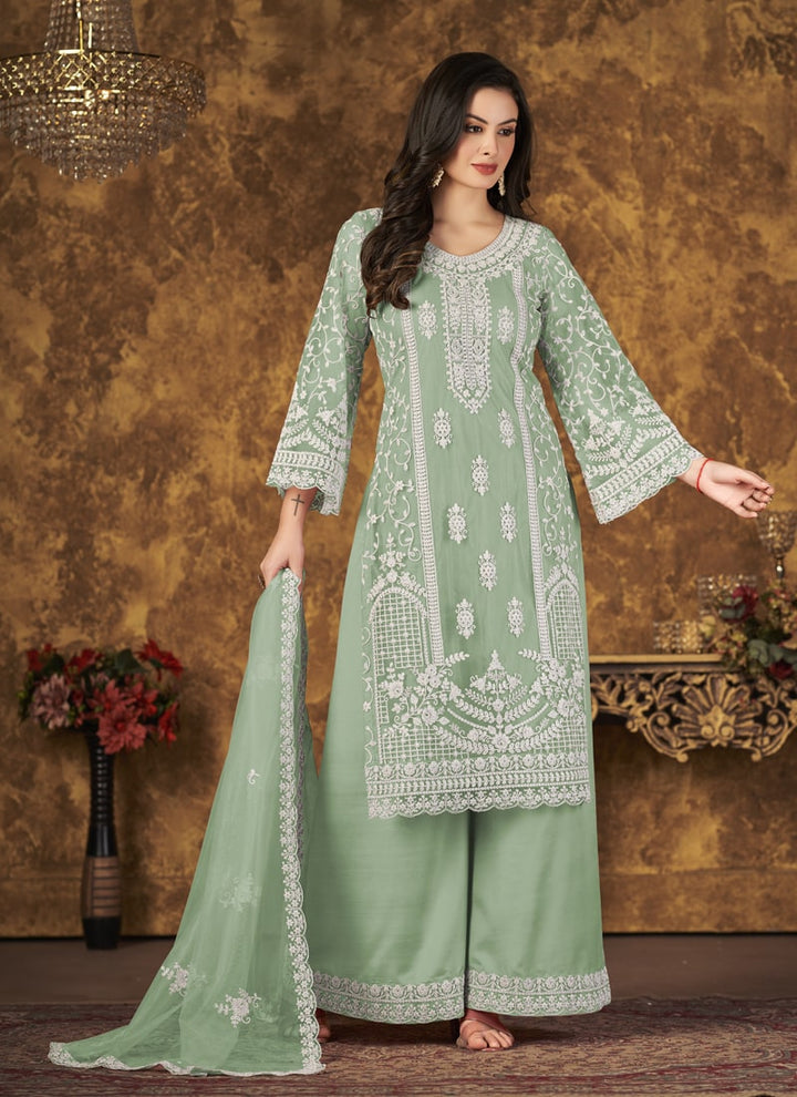 Lassya Fahion Pista Green Net And Santoon Palazzo Suit Chic Combo for Effortless Style