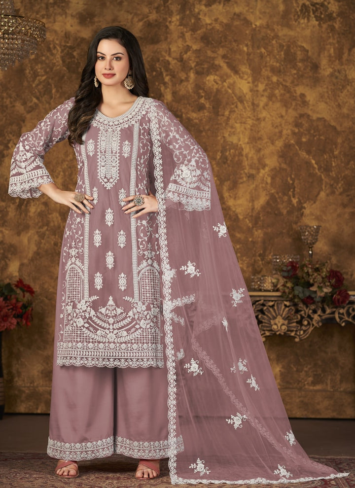 Lassya Fahion Mauve Net And Santoon Palazzo Suit Chic Combo for Effortless Style