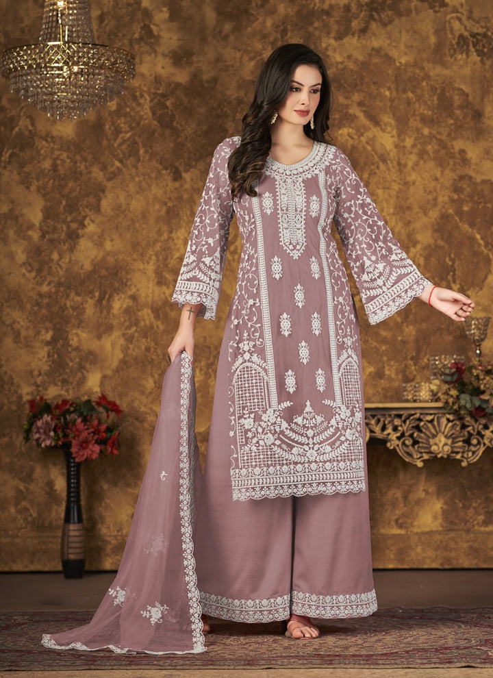 Lassya Fahion Mauve Net And Santoon Palazzo Suit Chic Combo for Effortless Style