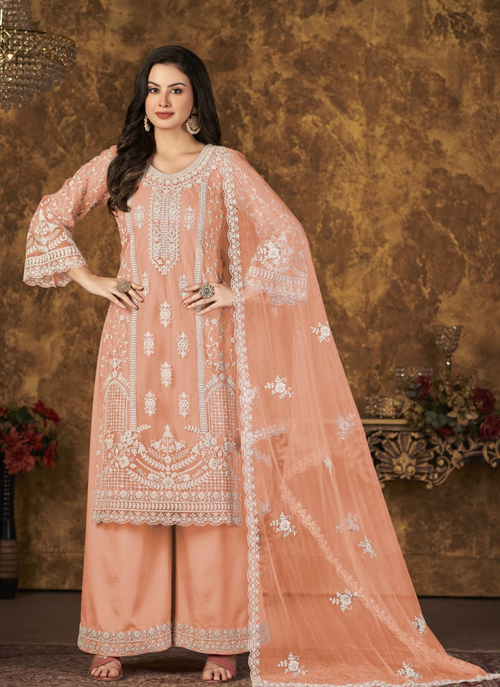 Lassya Fahion Orange Net And Santoon Palazzo Suit Chic Combo for Effortless Style