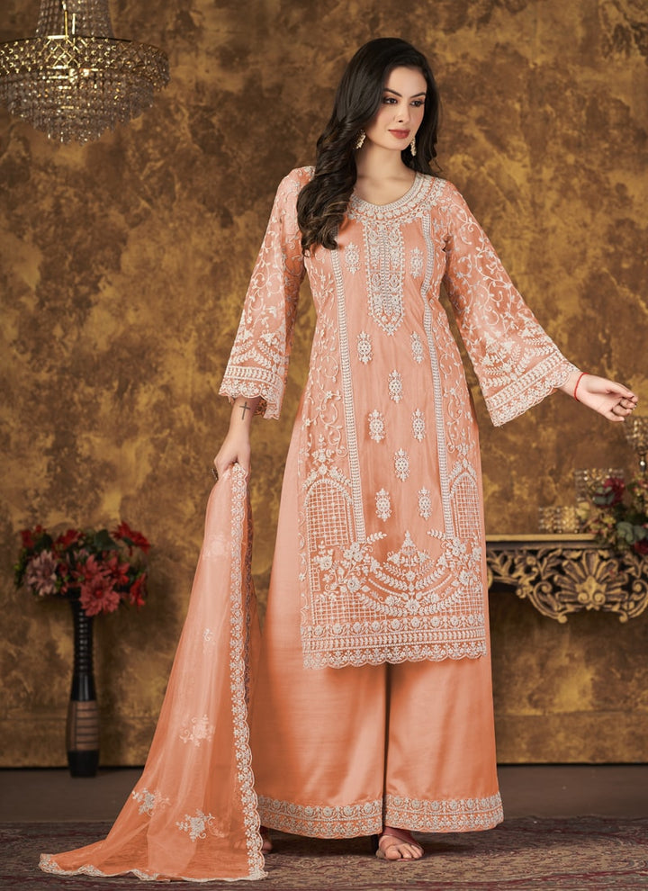 Lassya Fahion Orange Net And Santoon Palazzo Suit Chic Combo for Effortless Style