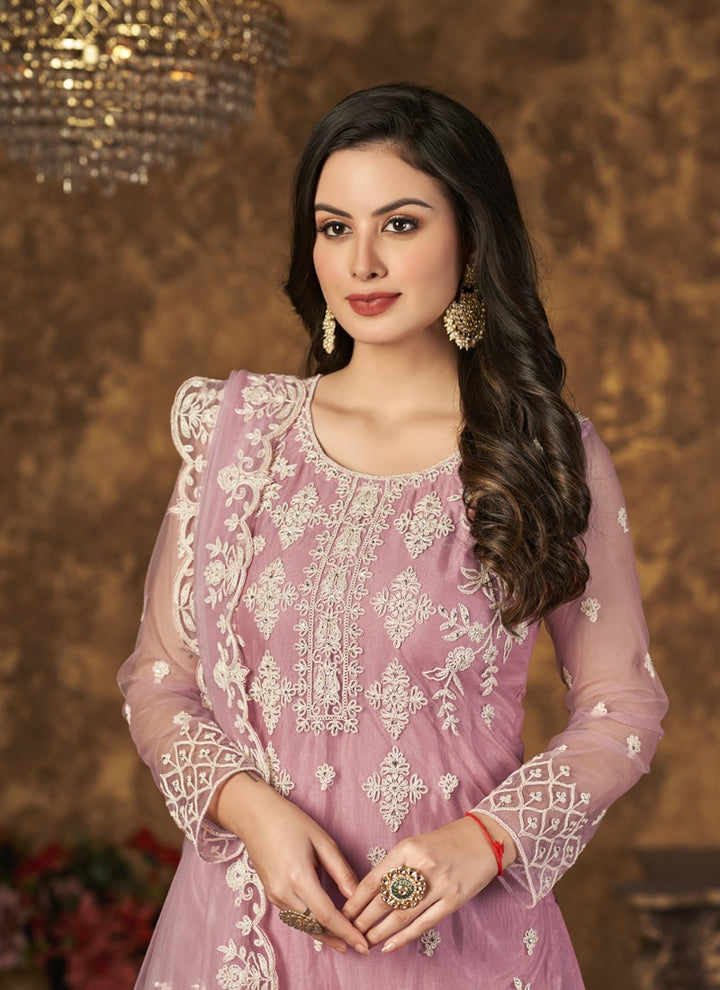 Lassya Fahion Pink Breezy Elegant Net Top Palazzo Suit with Inner Comfort