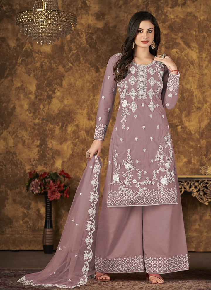 Lassya Fahion Mauve Breezy Elegant Net Top Palazzo Suit with Inner Comfort