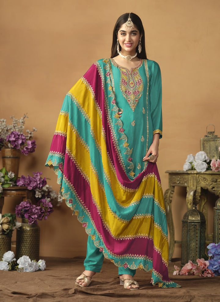 Lassya Fahion Teal Green Chic And Comfortable Punjabi Salwar Suit in Chinon Silk