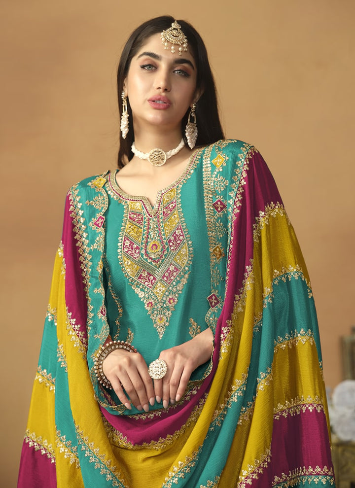 Lassya Fahion Teal Green Chic And Comfortable Punjabi Salwar Suit in Chinon Silk