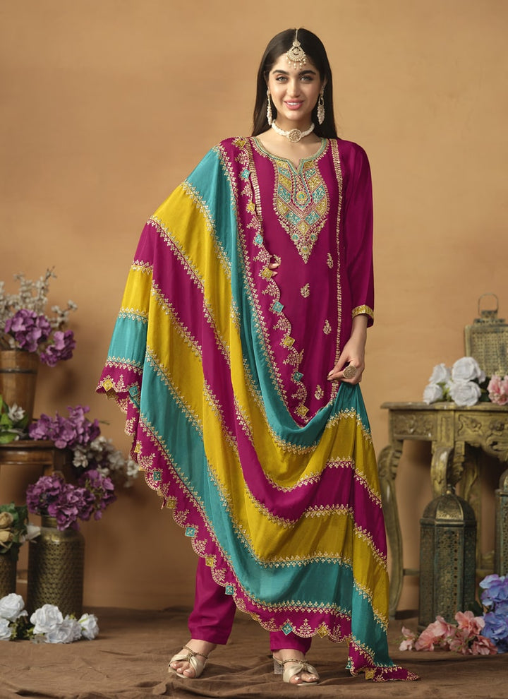 Lassya Fahion Ruby Pink Chic And Comfortable Punjabi Salwar Suit in Chinon Silk