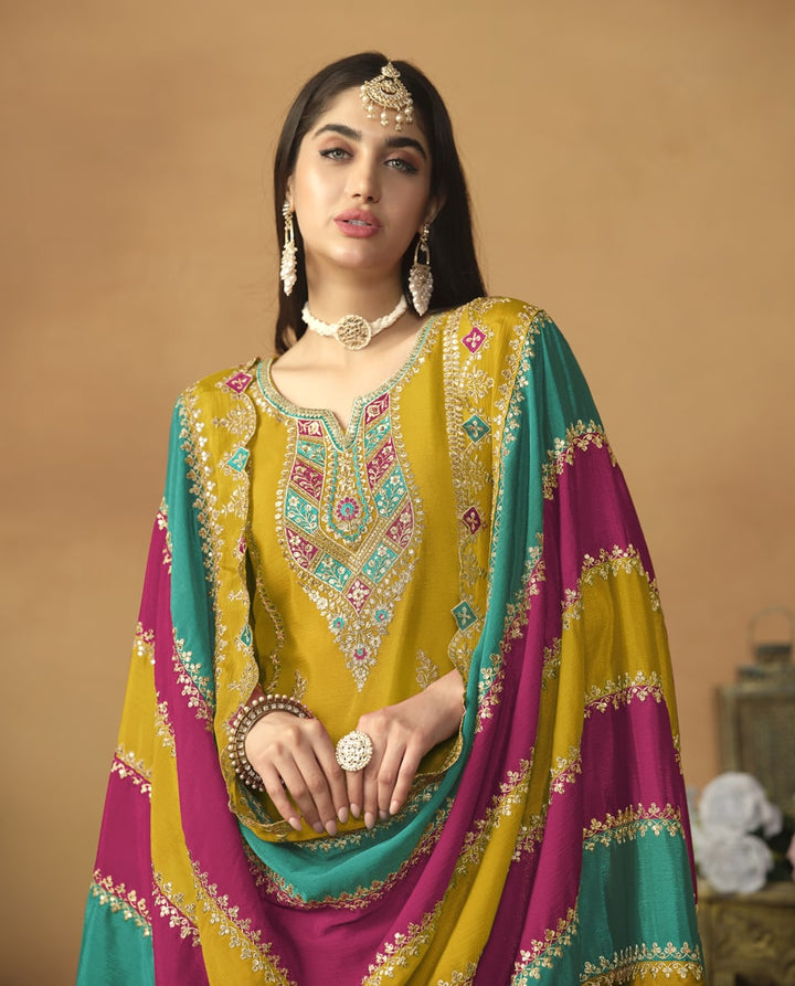 Lassya Fahion Mustard Yellow Chic And Comfortable Punjabi Salwar Suit in Chinon Silk