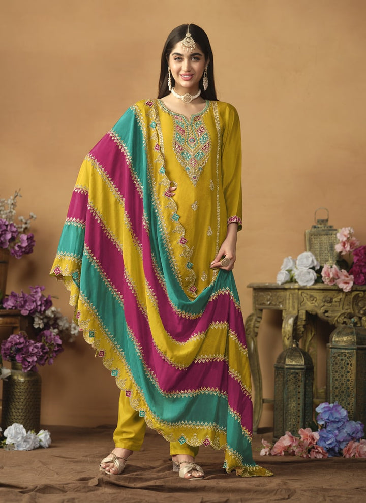 Lassya Fahion Mustard Yellow Chic And Comfortable Punjabi Salwar Suit in Chinon Silk