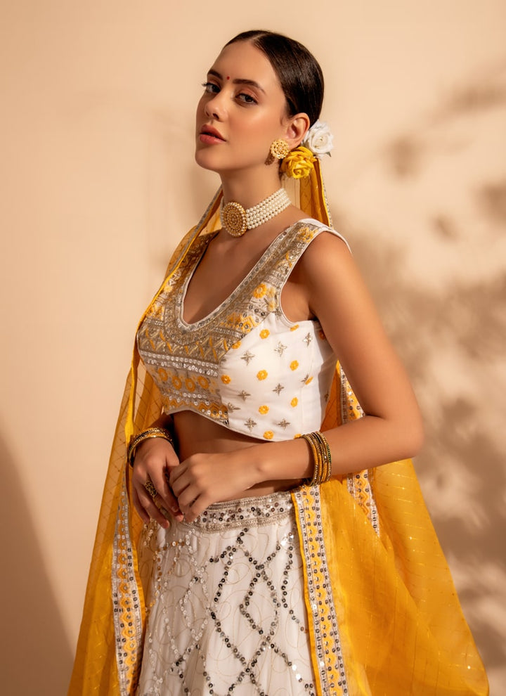 Lassya Fahion White & Yellow Luxe Enchantment Lehenga with Premium Thread and Sequin Work