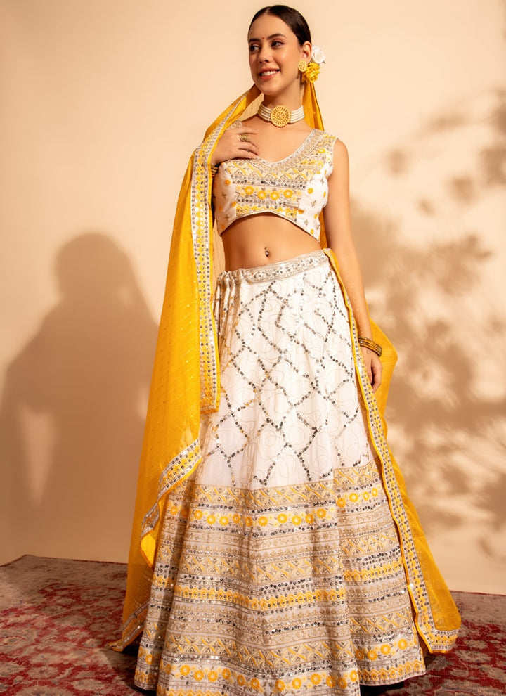 Lassya Fahion White & Yellow Luxe Enchantment Lehenga with Premium Thread and Sequin Work