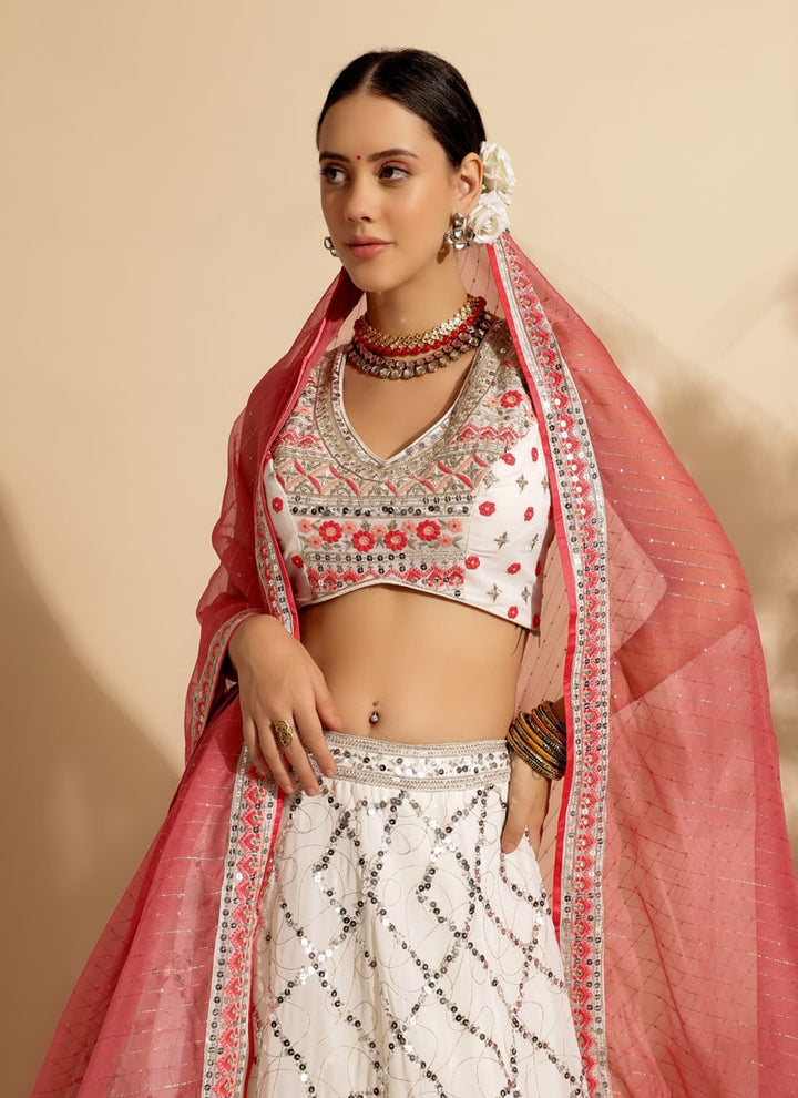 Lassya Fahion White & Pink Luxe Enchantment Lehenga with Premium Thread and Sequin Work