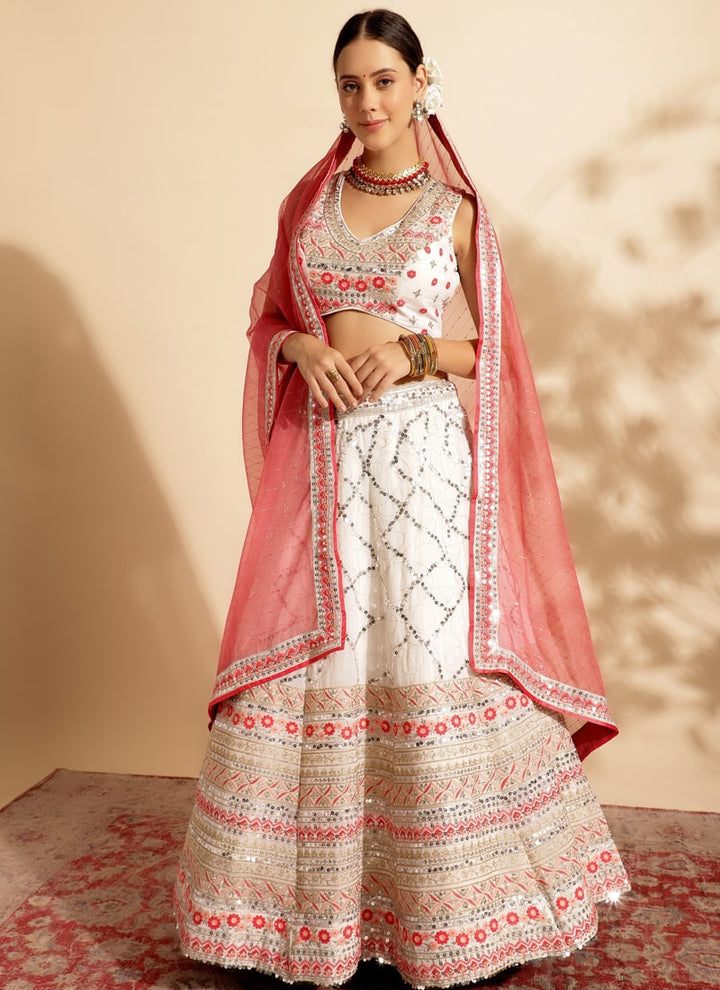 Lassya Fahion White & Pink Luxe Enchantment Lehenga with Premium Thread and Sequin Work