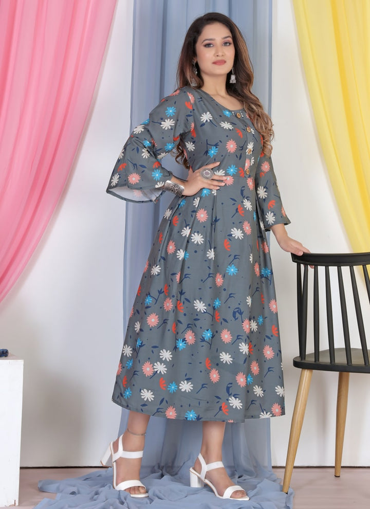 Lassya Fahion Dark Grey Versatile Printed Heavy Georgette Gown for All Occasions