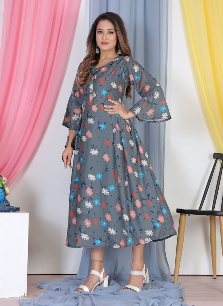 Lassya Fahion Dark Grey Versatile Printed Heavy Georgette Gown for All Occasions