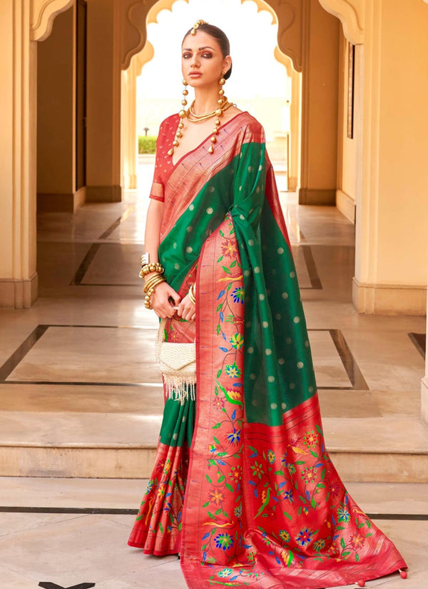 Lassya Fahion Green Festive Wear Super Silk Paithani Saree with Epoxy Sheen