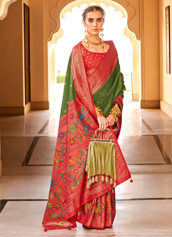 Lassya Fahion Olive Green Festive Wear Super Silk Paithani Saree with Epoxy Sheen