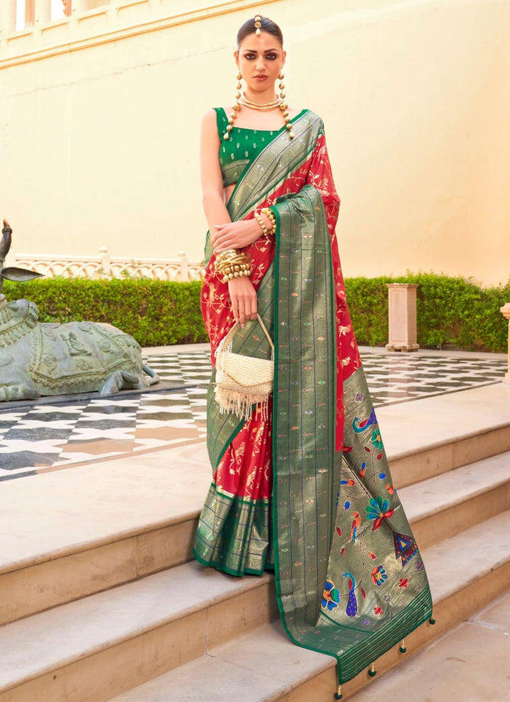 Lassya Fahion Red Festive Showstopper Super Silk Paithani Saree