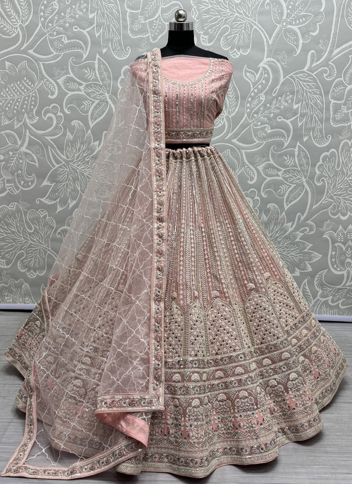 Lassya Fahion Light Pink Heavy Net Lehenga Set with Exquisite Embellishments