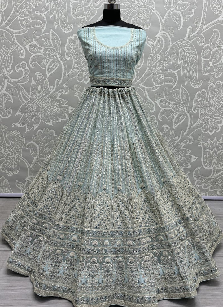 Lassya Fahion Light Blue Heavy Net Lehenga Set with Exquisite Embellishments