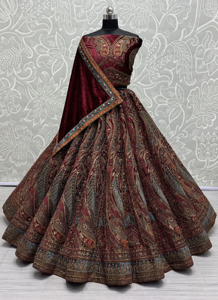 Lassya Fahion Maroon Elegant Velvet Bridal Lehenga with Dazzling Embroidery