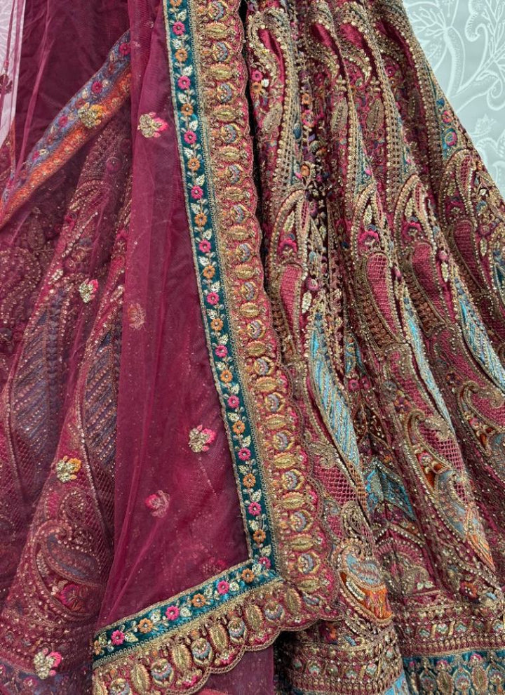 Lassya Fahion Maroon Elegant Velvet Bridal Lehenga with Dazzling Embroidery