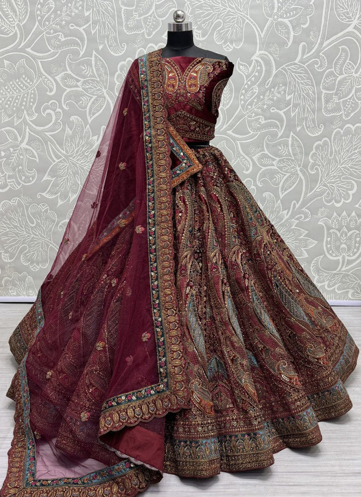 Lassya Fahion Maroon Elegant Velvet Bridal Lehenga with Dazzling Embroidery