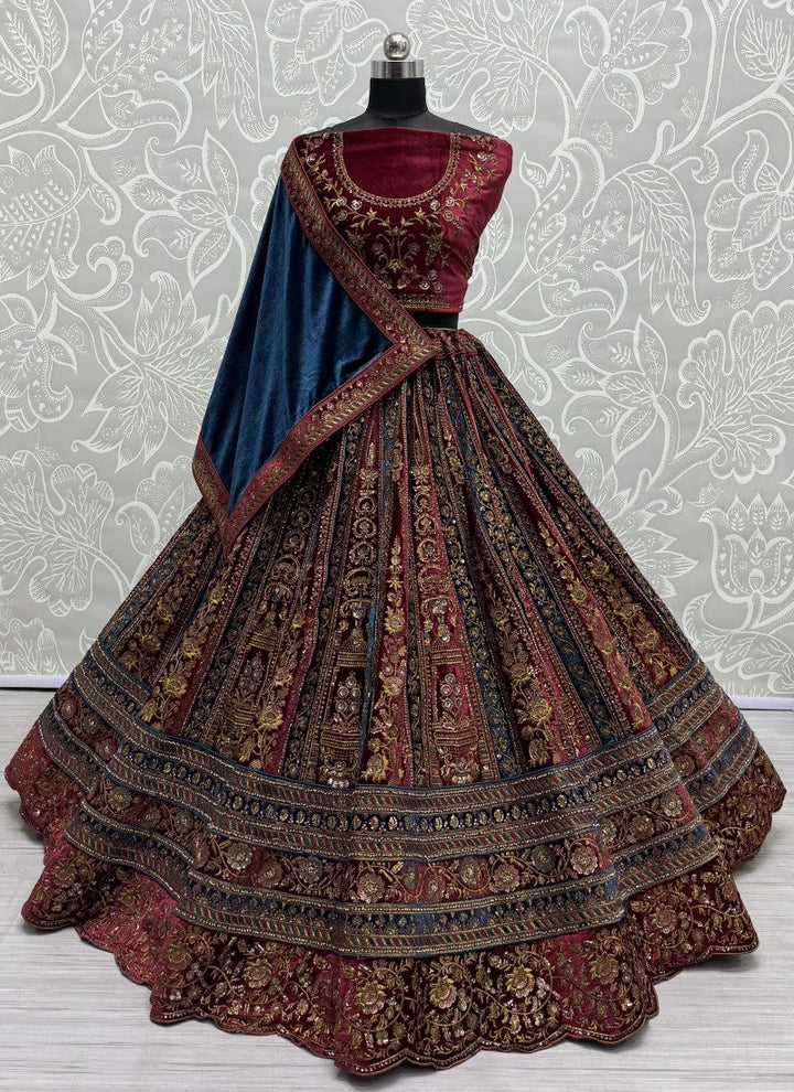 Lassya Fahion Maroon Velvet Bridal Lehenga with Exquisite Zari work