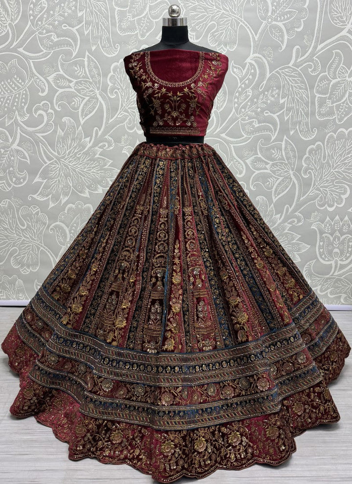 Lassya Fahion Maroon Velvet Bridal Lehenga with Exquisite Zari work