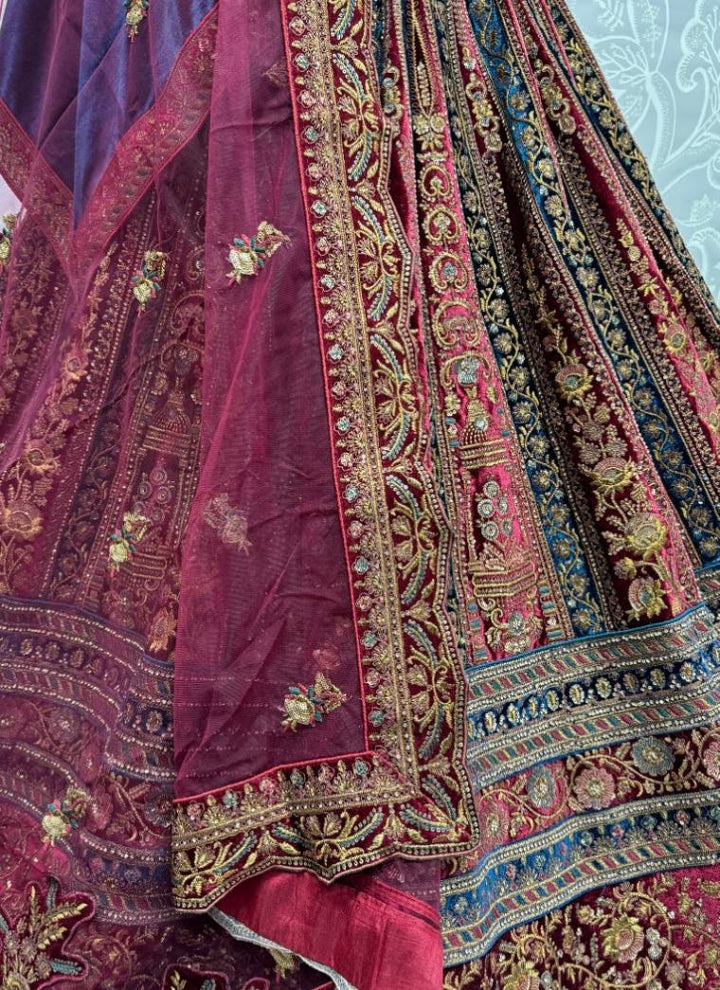 Lassya Fahion Maroon Velvet Bridal Lehenga with Exquisite Zari work