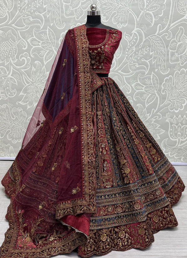 Lassya Fahion Maroon Velvet Bridal Lehenga with Exquisite Zari work